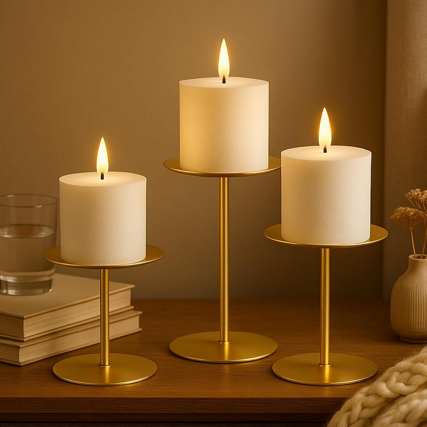 Smtyle Gold Metal Candle Holder Set - Elegant Pillar Candle Holders for Weddings | Minimalist Farmhouse Decor (Set of 3)