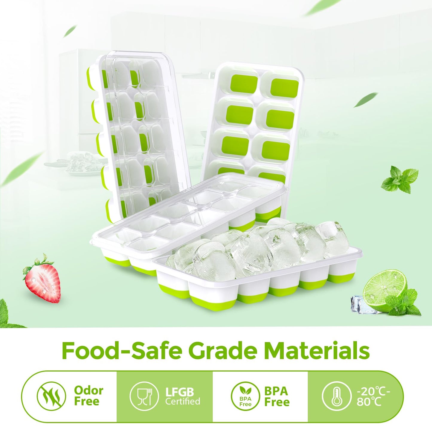 DOQAUS Ice Cube Tray with Lids - 4 Pack Stackable Silicone Ice Trays for Freezer, BPA & LFGB Safe, Easy Release for Kitchen, RV, Cocktail, Coffee, Soup & Food