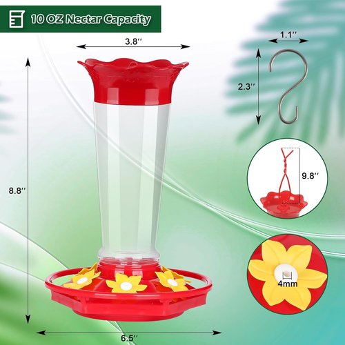 Feed Garden Hummingbird Feeders - 10 Oz Ant & Bee Proof Design | 6 Feeding Ports, Easy Clean, Red