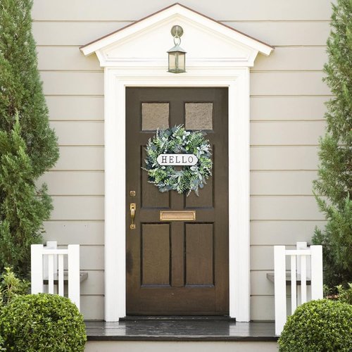 Hello 24-Inch Boxwood Wreath - Farmhouse Eucalyptus & Flocked Lambs Ear for Front Door Decor