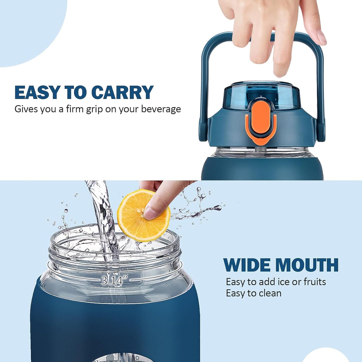 Kytffu 64oz Glass Water Bottle - Motivational Half Gallon Jug with Straw & Silicone Sleeve | Leakproof, Blue