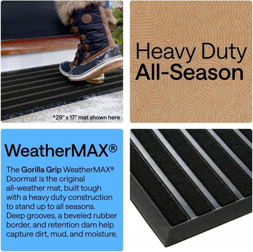 GORILLA GRIP Waterproof All-Season Doormat - Natural Rubber, Stain & Fade Resistant, 23x35, Black Stripe