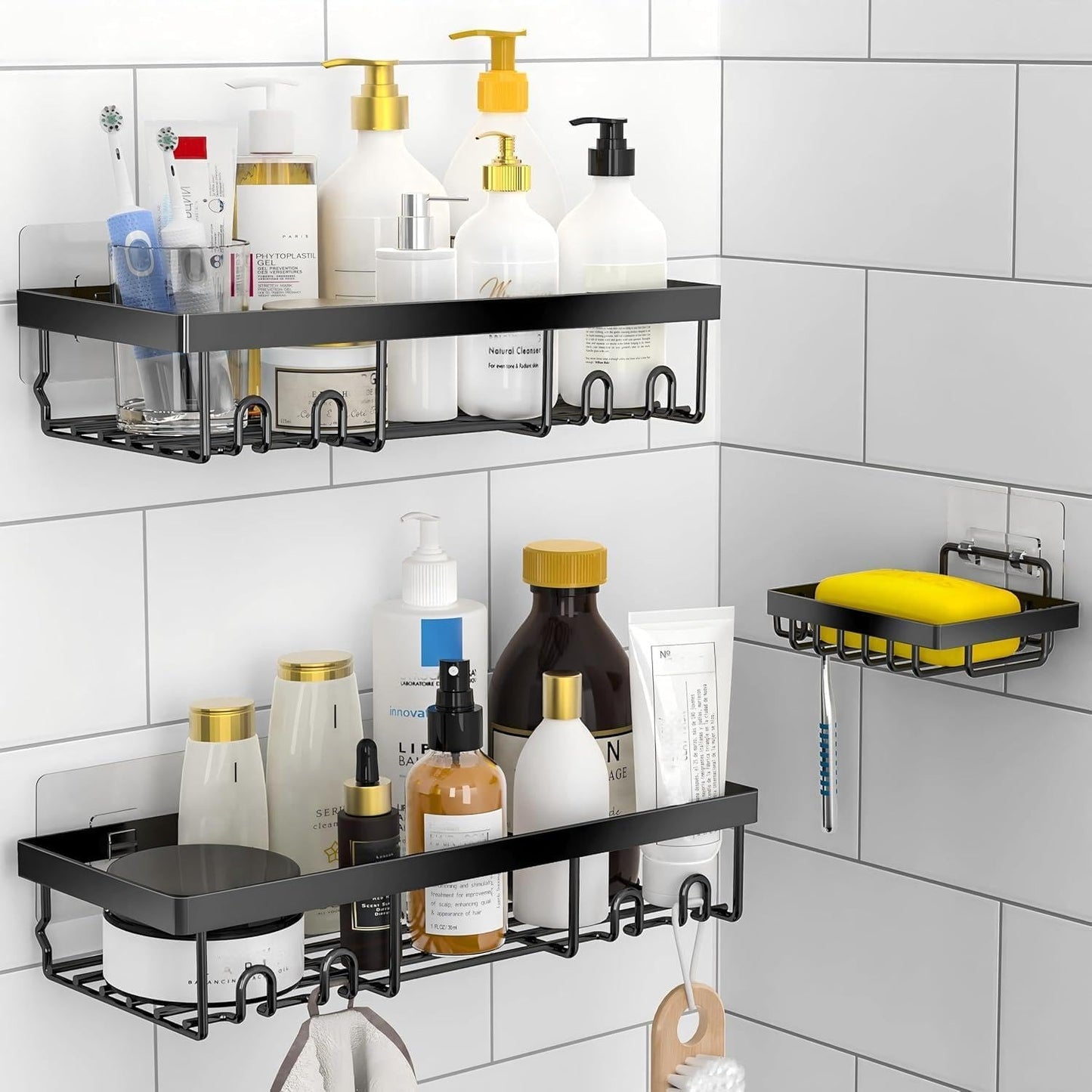 Moforoco Shower Caddy Basket Shelf - No Drilling, Rustproof Black Bathroom Organizer | 3-Pack with Soap Holder