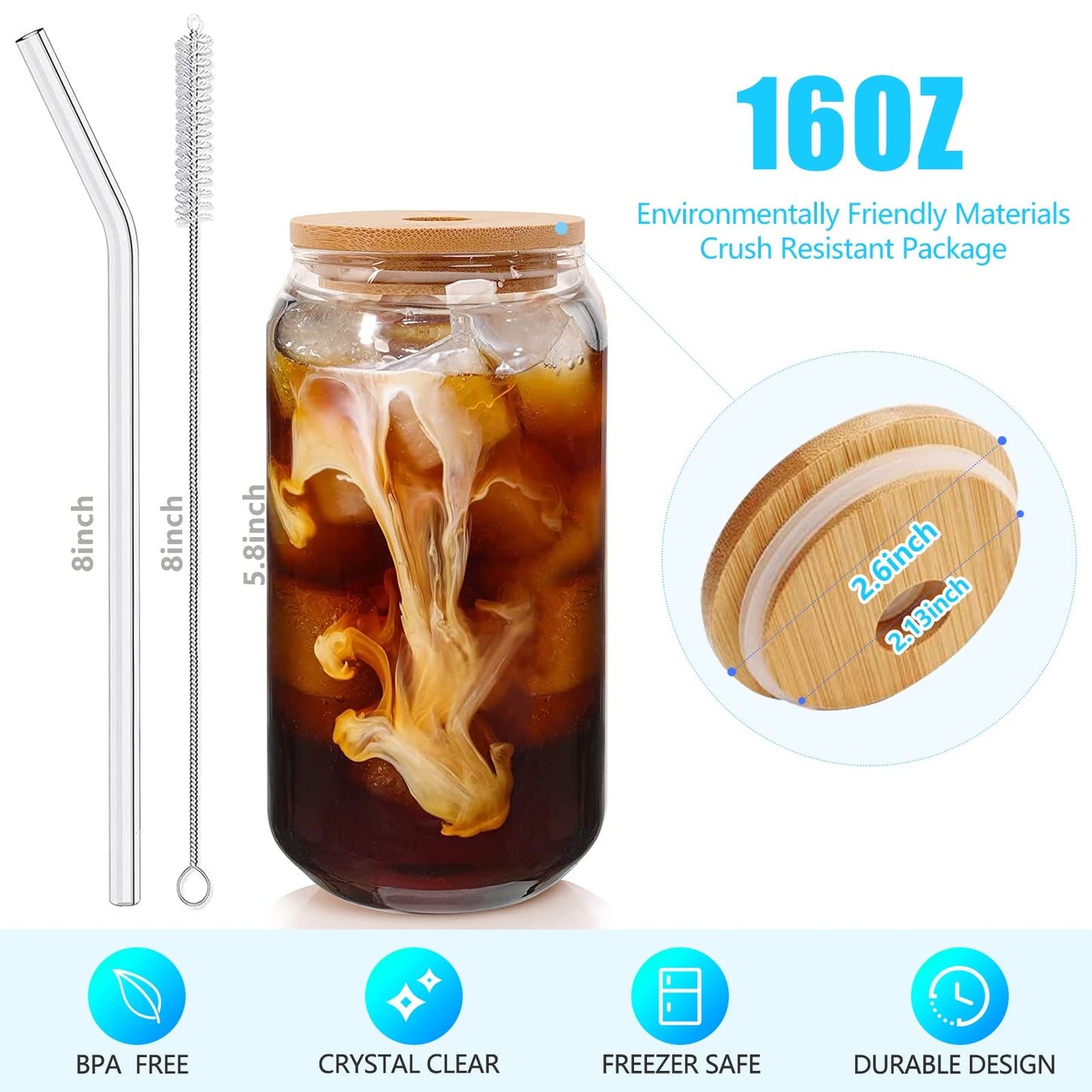 LSXKAMIX Drinking Glasses with Bamboo Lids and Glass Straws, 4-Piece Set - 16oz Can-Shaped Tumblers for Iced Coffee, Beer, Cocktails, and Whiskey - Includes 2 Cleaning Brushes, Ideal Gift