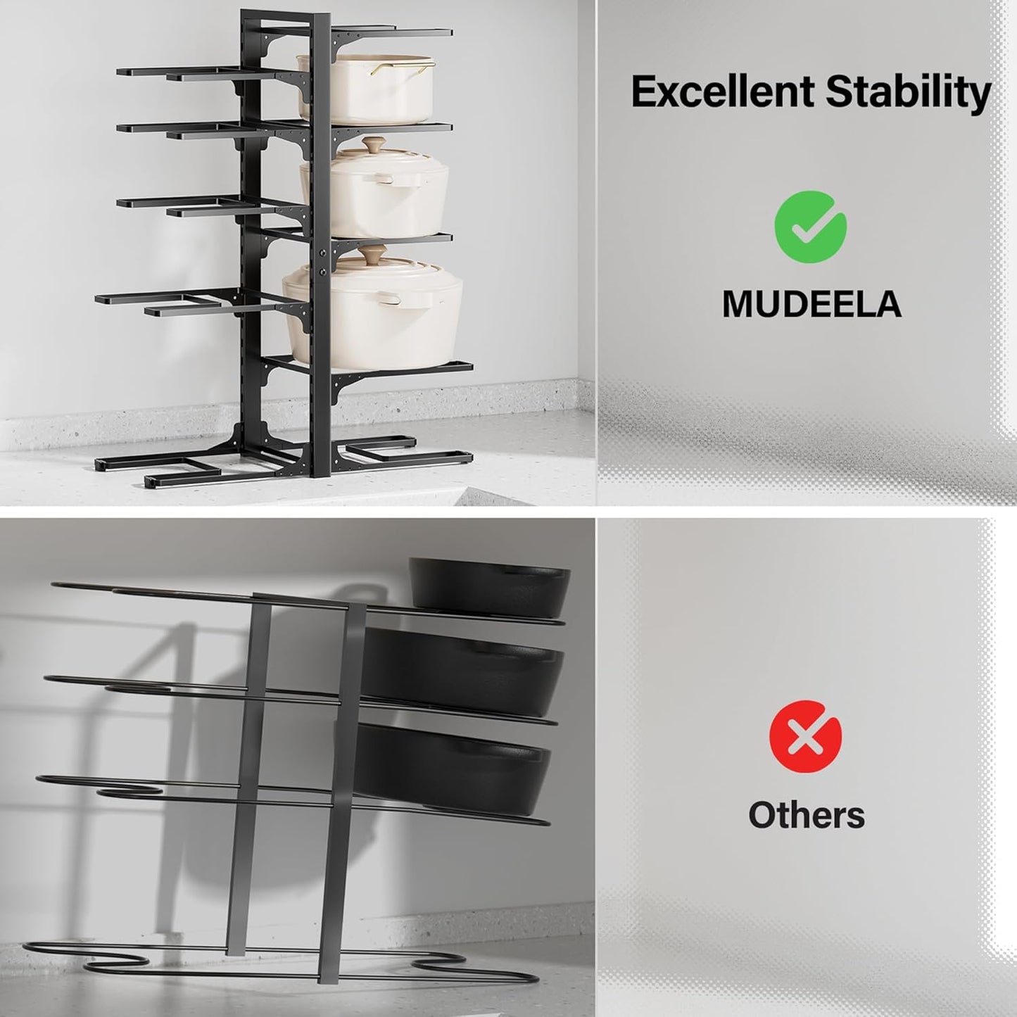 MUDEELA 10-Tier Pot and Pan Organizer - Heavy Duty Under Cabinet Storage, Adjustable Rack for Kitchen Use, 23.62" Height