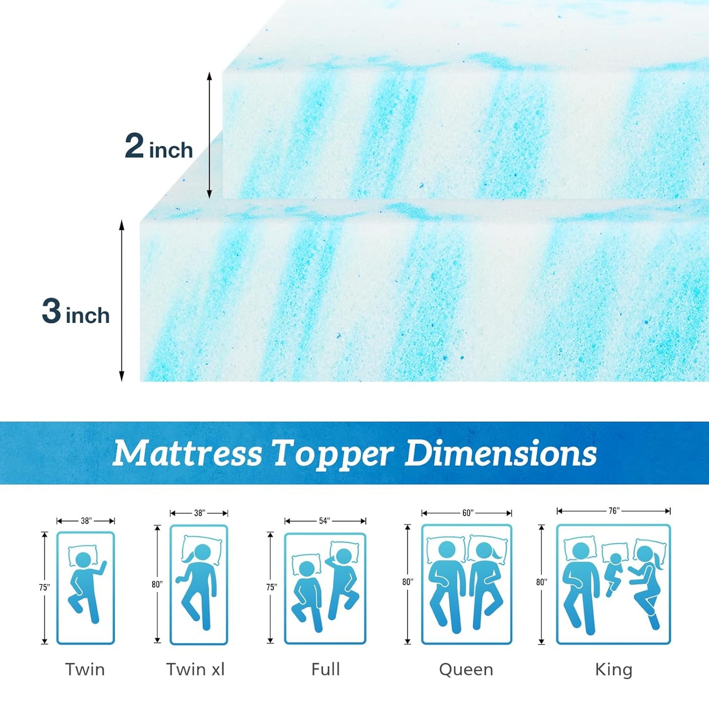 Sweetcrispy Memory Foam Mattress Topper - 3 Inch Gel Infused Cooling Pad for Full Size Bed | CertiPUR US Certified, Breathable Blue