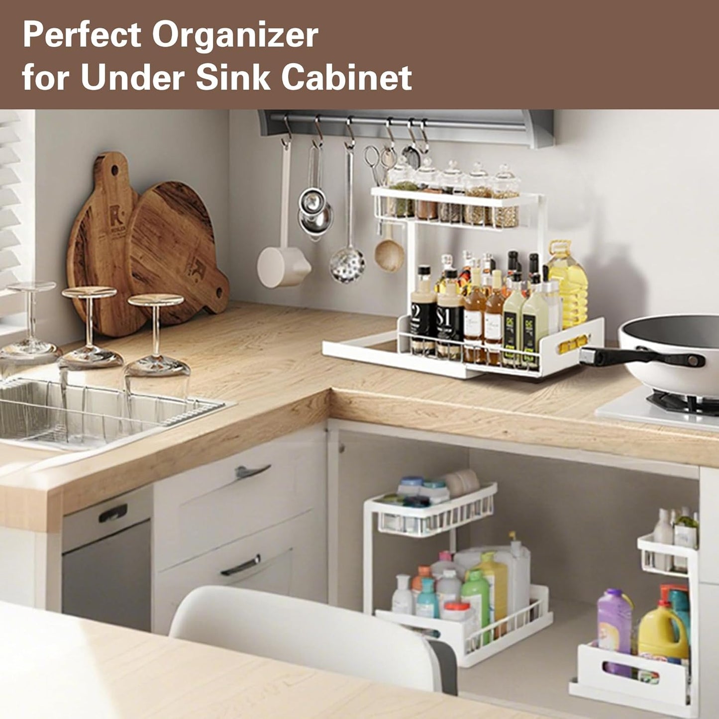 VUSIGN 2-Tier Under Sink Organizer - Slide-Out Cabinet Storage Shelf | 2 Pack, White
