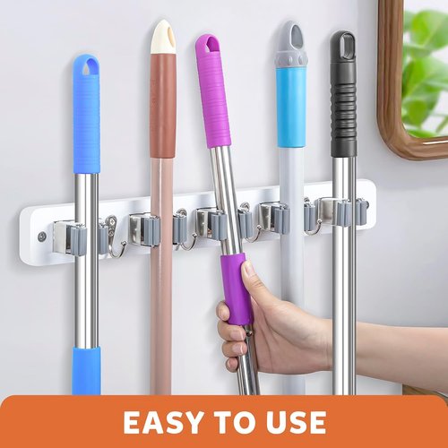 IMILLET Broom Holder Wall Mount - Wood Organizer with 5 Racks & 4 Hooks for Home & Garage Storage (White)