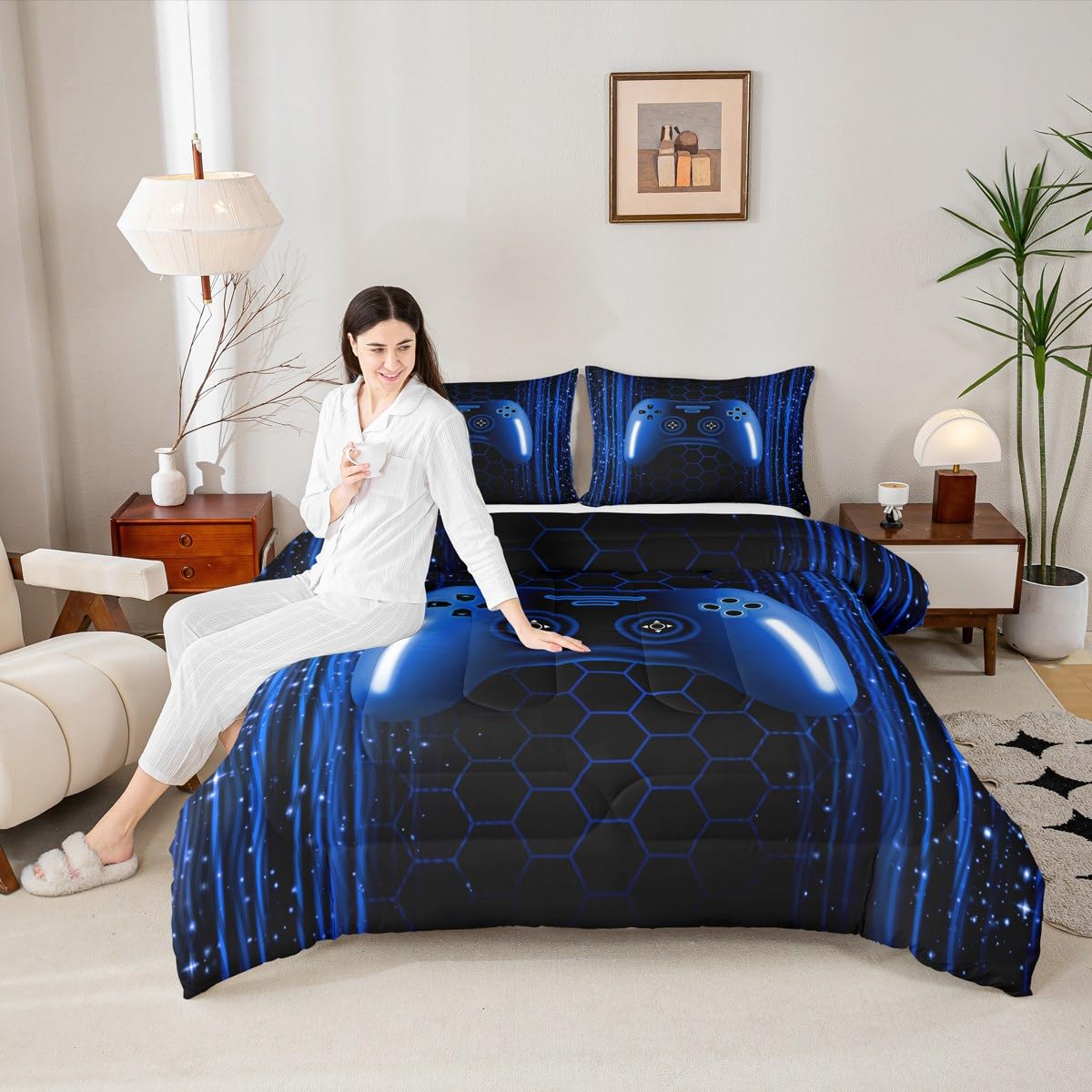 Erosebridal Kids Gamer Full Comforter Set for Boys Bedroom Neon Lights Dark Blue Gaming Bedding Set for Kids Teens Game Console Quilt Striped Honeycomb Hexagon Comforter Geometric Duvet Insert