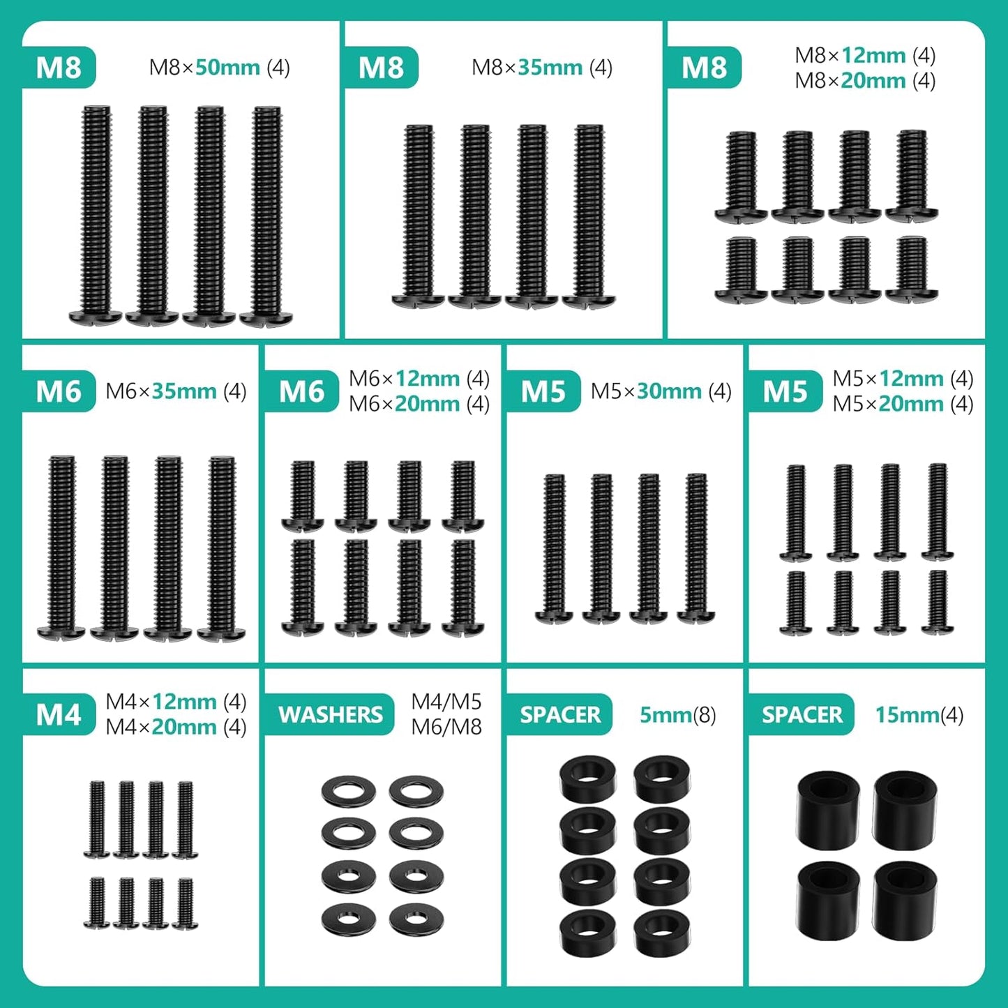 WALI Universal TV Mount Hardware Kit - Fits Most TVs Up to 80 Inches | Includes M4, M5, M6, M8 Bolts - Black