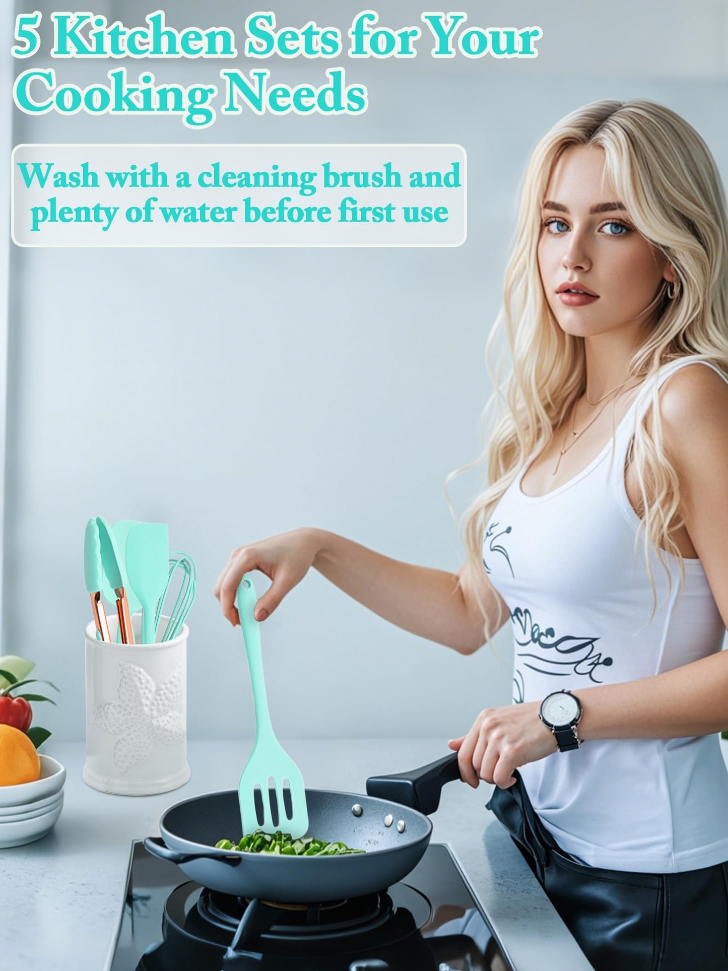 Kitchen Utensil Set,5 Pcs Mini Silicone Cooking Utensils Sets,Heat Resistant Non Stick Kitchens Gadgets BPA-Free Spatula Set,Kids Kitchen Tools Kitchen Set for Cooking