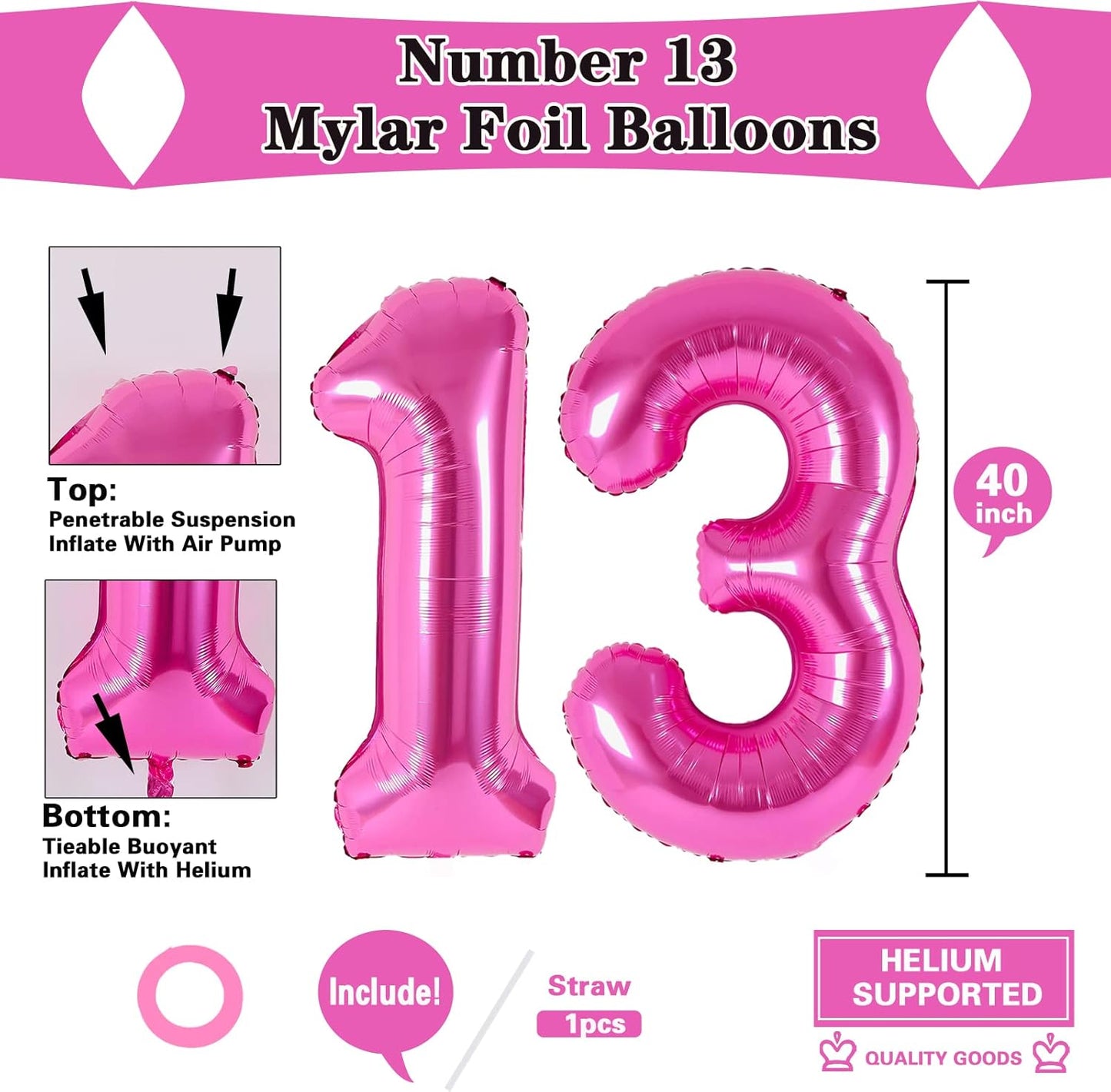 Skiennix 40-Inch Pink Number 13 Balloons - Perfect for Kids' 13th Birthday & Unicorn Theme Decor