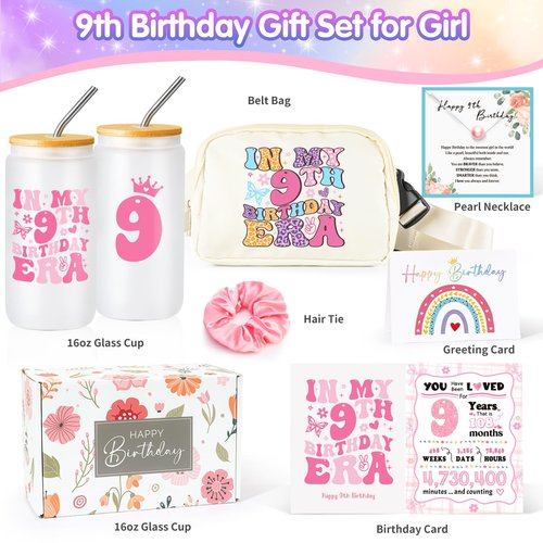 Frerdui 9 Year Old Girl Birthday Gifts, Cute Presents for 9 Year Old Girls, Tween Girl Gift Basket for 9th Daughter, Sister, Niece, Granddaughter, 6-Piece Set