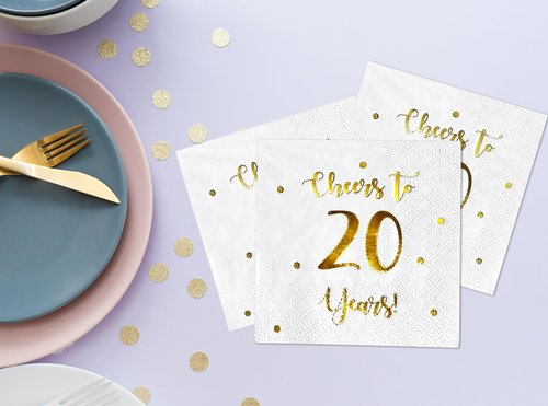 Cheers to 20 Years Cocktail Napkins | Happy 20th Birthday Decorations for Men and Women and Wedding Anniversary Party Decorations | 50-Pack 3-Ply Napkins | 5 x 5 inch Folded (White)