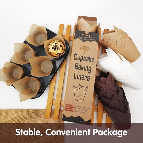 Bake Choice Nordic Paper 200pcs Tulip Cupcake Liners for Baking Cups EU Parchment paper Standard Size Tulip Muffin Liners, Cupcake Wrapper, Brown, White, Unbleached Natural for Party, Christmas