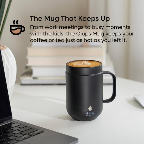 Ciups Heated Coffee Mug Rechargeable, 4-Hour Battery Life, LED Display, Temperature Control, Cup Warmer, Self-Heating Electric Coffee Mug, 16 ounces (Black)