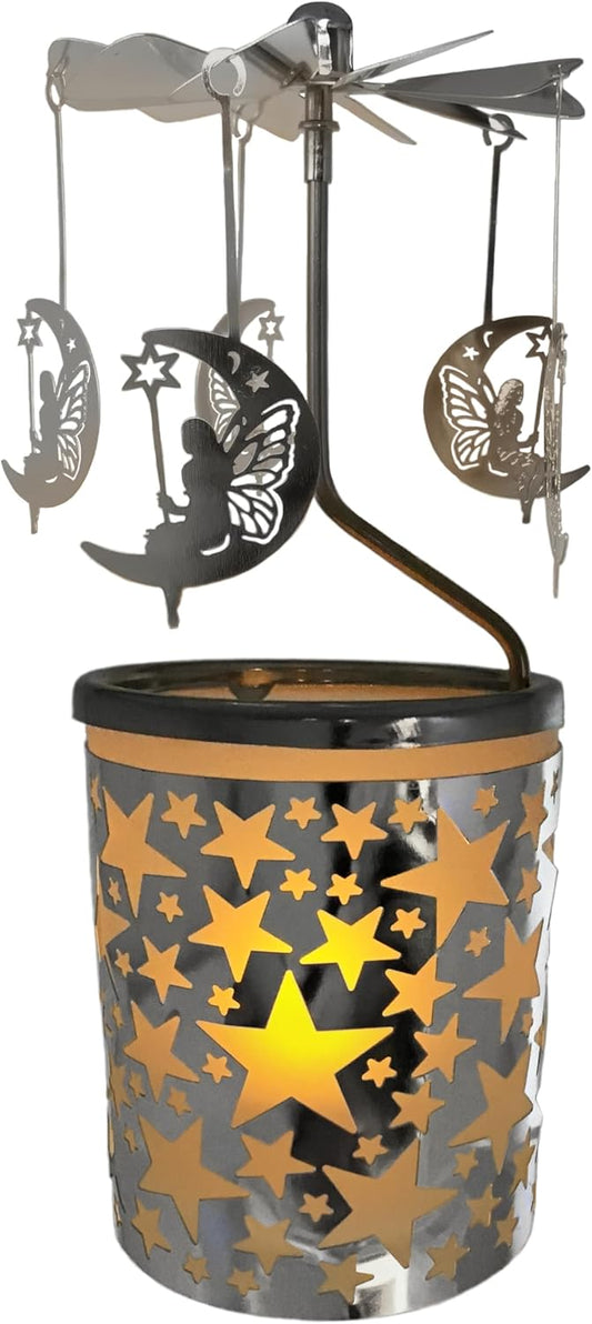 Spinning Moon & Stars Candle Holder - Silver Metal Rotating Tealight Stand - 6.25” Scandinavian Design