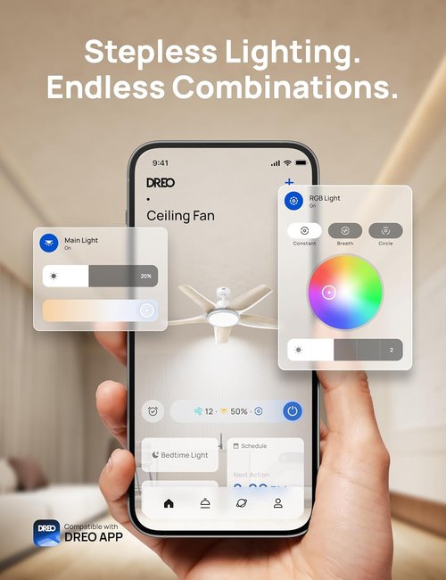 Dreo Smart Ceiling Fan - 52'' Low Profile Design with Dimmable RGB Lighting & Alexa Control | Quiet Operation