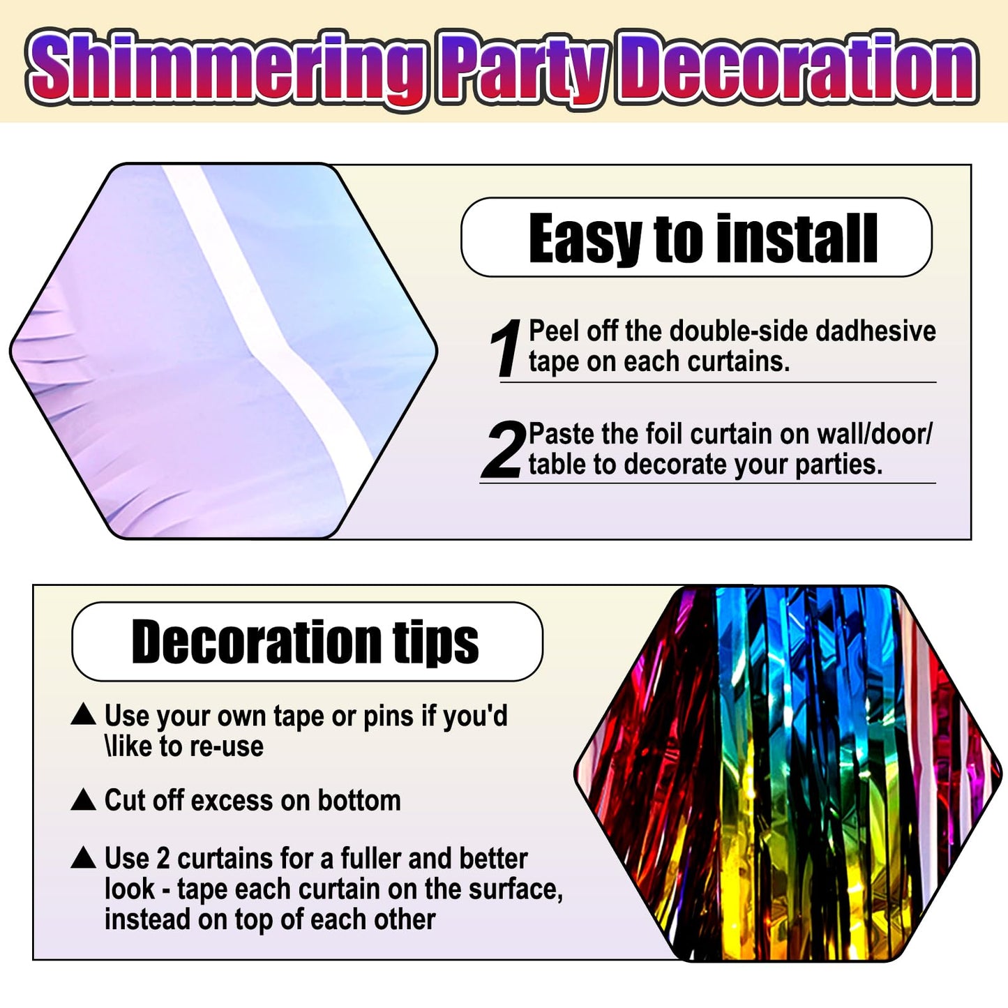 3 Pack Rainbow Foil Fringe Curtain Backdrop, 3.28Ft x 8.2Ft Metallic Tinsel Foil Fringe Streamer Curtains for Photo Booth, Christmas Day, Thanksgiving, Wedding, New Year Party Decorations