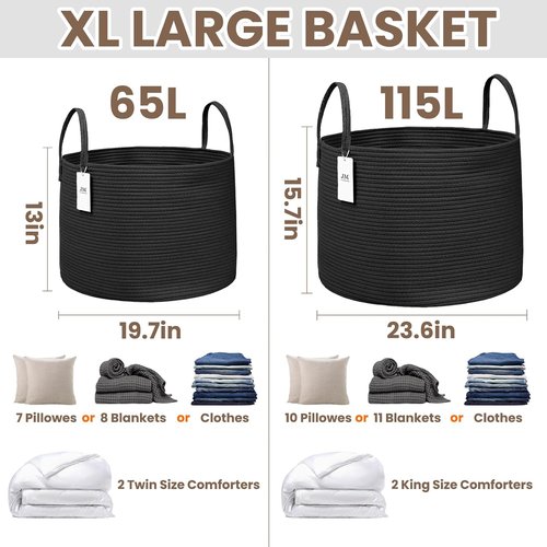 JMvicyroam 65L Extra Large Blanket Basket - Woven Cotton Rope Laundry Hamper with Reinforced Handles | Machine Washable, Black