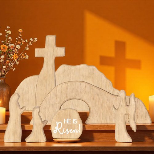 Empty Tomb Easter Scene and Cross Christian Decoration, Wooden Easter Jesus Resurrection Scene with Cross for Tray, Jesus Nativity Set for Religious Decorations, Home Office Mantel Christian Decor