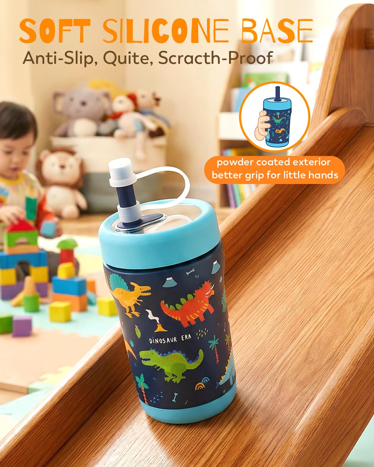 Zukro 12 oz Kids Insulated Stainless Steel Tumbler with Flexible Straw, Spill Proof Double-wall Toddlers Cup with Tritan Lid for Travel or At Home, BPA Free, Non-slip - Dinosaur & Unicorn