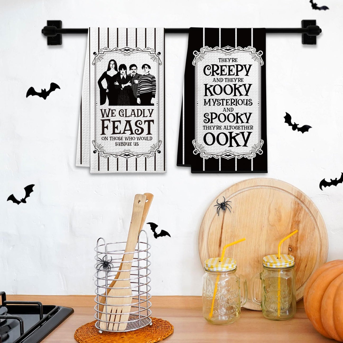 Cheroloven Halloween Kitchen Towels, Funny Addams Family Hand Towels, 2 Pack Gothic Dish Towels， Spooky Home Bathroom Decor Party Favors, Addams Family Merch Gifts for Women Men