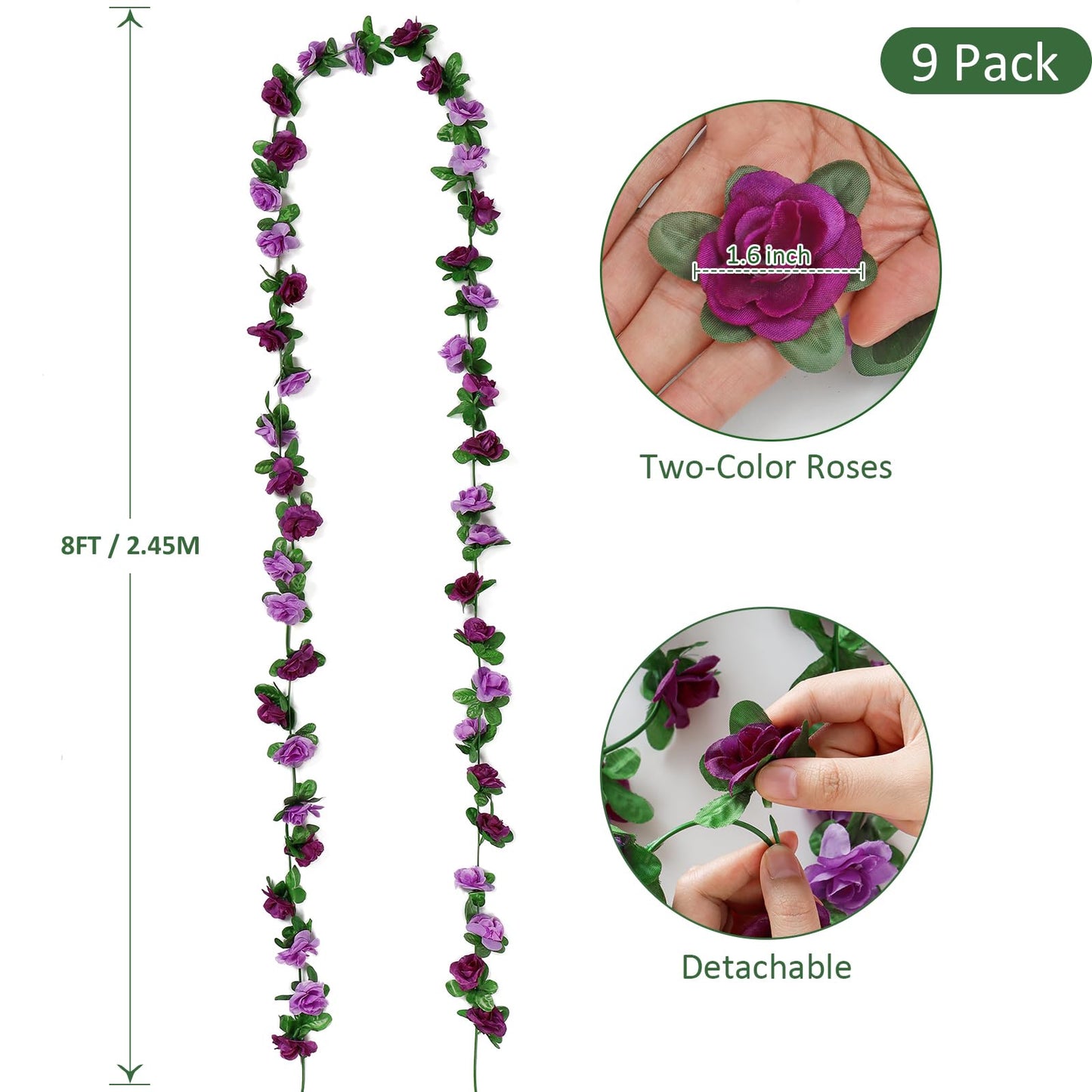 KHOYIME 9 Pack 72 FT Artificial Flower Garland, Fake Purple Roses Vines Silk Flowers Faux Plastic Outdoor Hanging Floral Ivy Garland Decoration for Wedding Arch Bedroom Home Wall Backdrop Room Decor