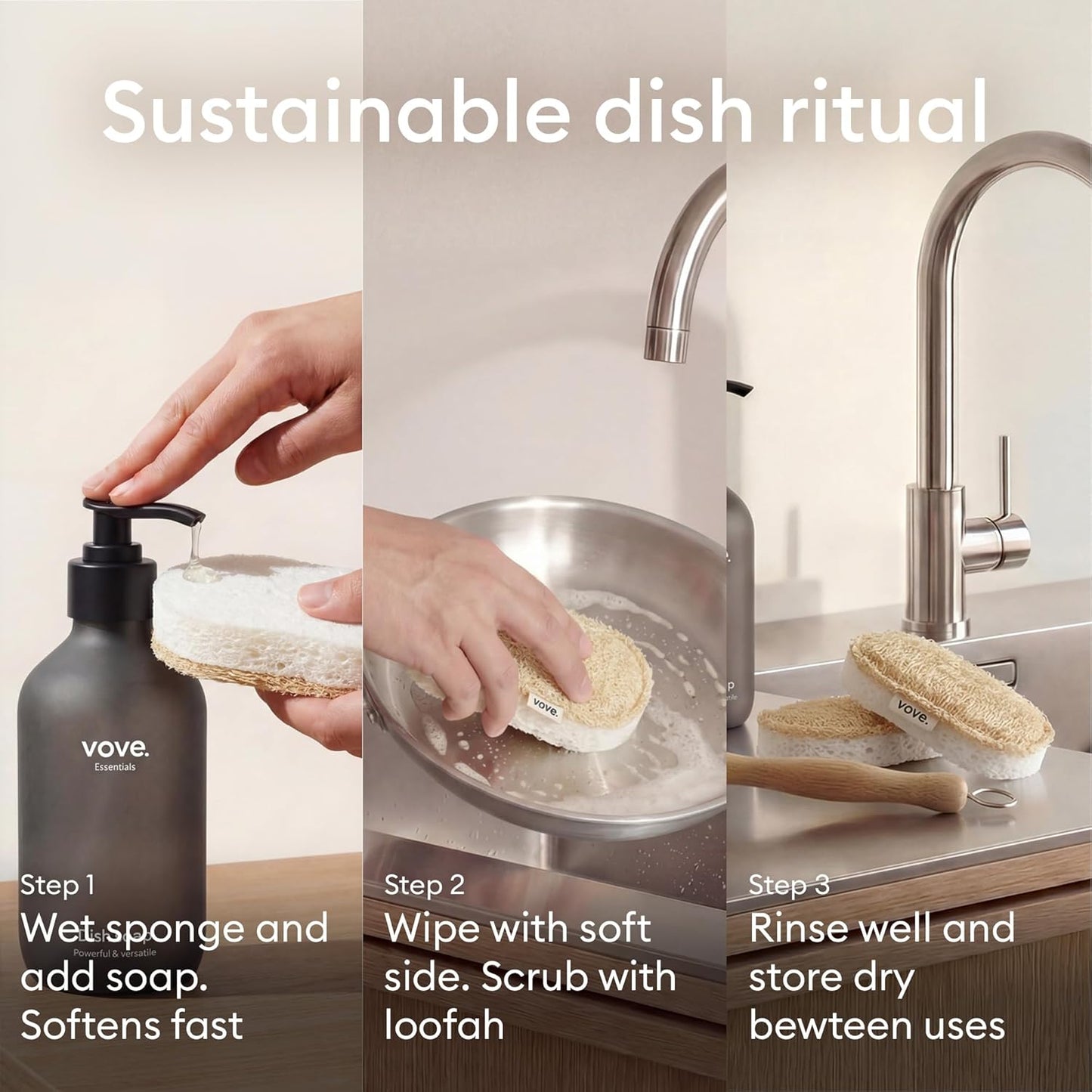 Vove Eco-Friendly Scrub Sponges - 4 Pack of Natural Loofah & Cotton Kitchen Pads | FSC-Certified