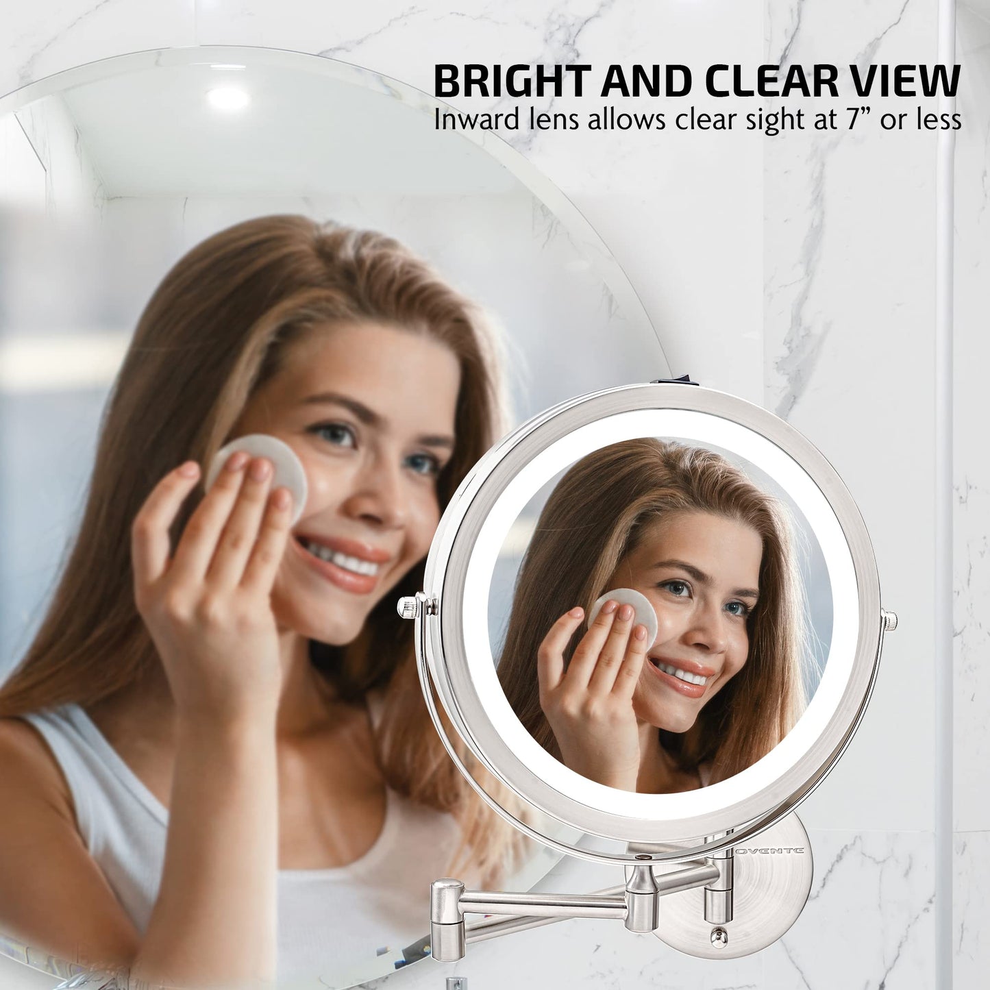 OVENTE Wall Mounted Lighted Makeup Mirror, 9" Double Sided 1X/10X Magnifying Vanity Mirror for Bathroom with LED Lights, Cordless, 360° Rotation and 13" Extendable Arm, Nickel Brushed MFW85BR1X10X