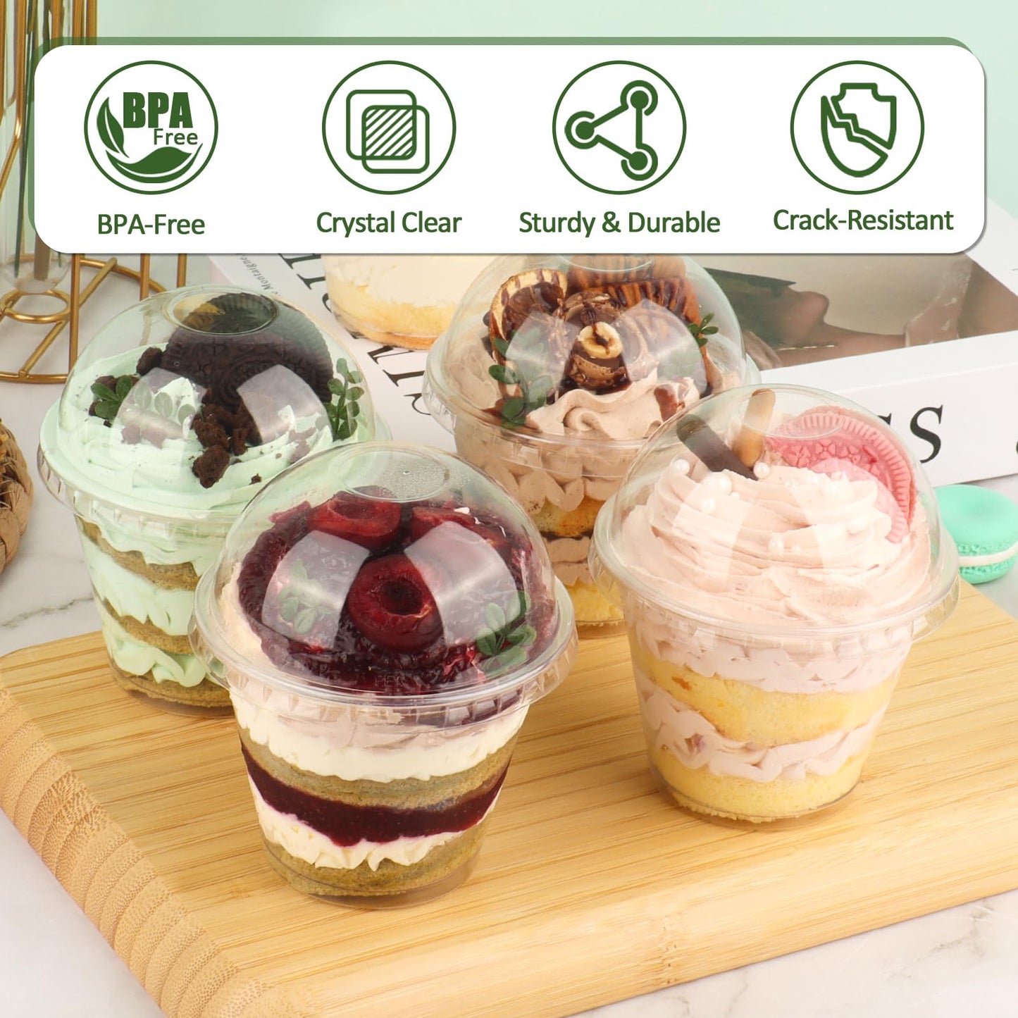 GGOLDMER 150 Pack 9 oz Clear Plastic Cups with Lids No Hole, Dessert Cups Disposable Cups with Lids for Ice Cream, Fruit, Pudding, Cake, Cold Drinks, Smoothie and Snacks, PET