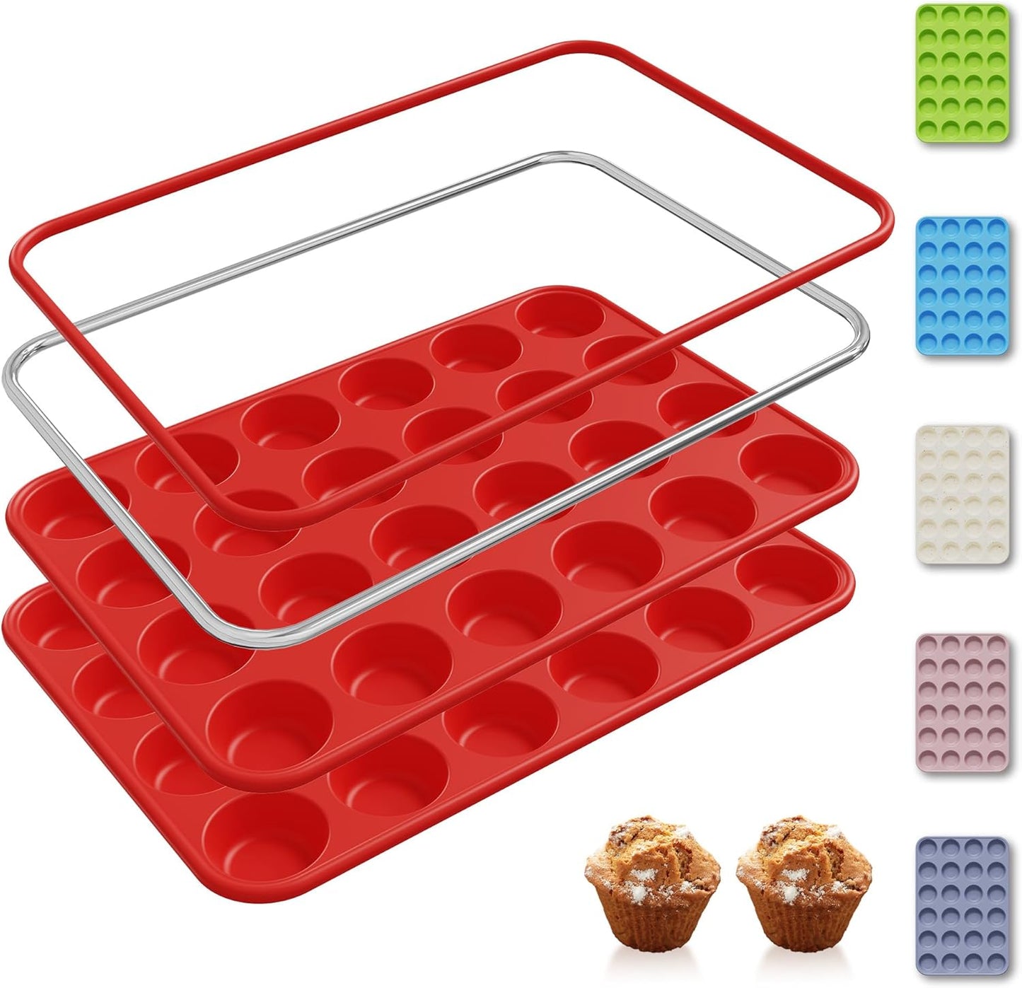 Socisen Silicone Mini Muffin Pan - 24 Cup Metal Reinforced Baking Molds | Perfect for Cupcakes & Cheesecakes