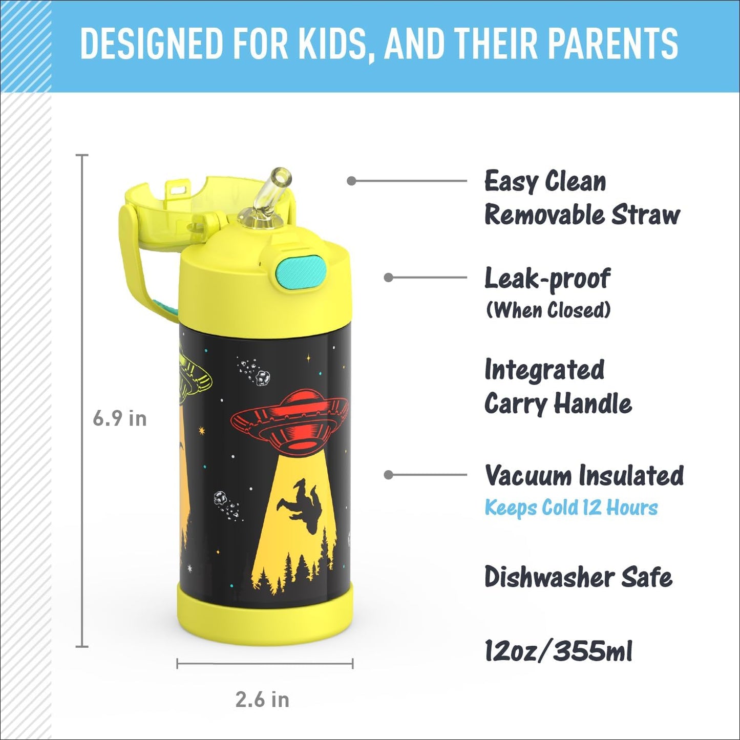 THERMOS FUNTAINER Water Bottle - 12 Ounce Stainless Steel Vacuum Insulated Kids Bottle with Straw
