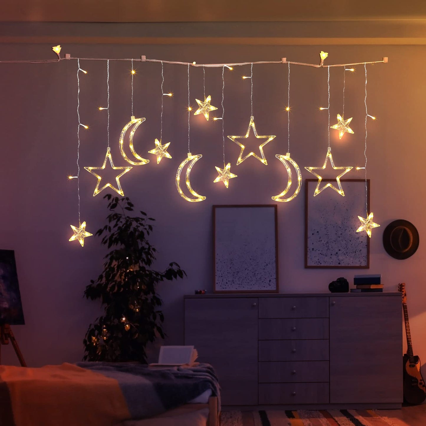 Riakrum 11.48 ft 21 LED Star and Moon String Lights Plug in Christmas Warm White Fairy Light Waterproof Decor for Bedroom USB Powered LED Curtain Light with USB Battery Box Cable Clip Wedding Party