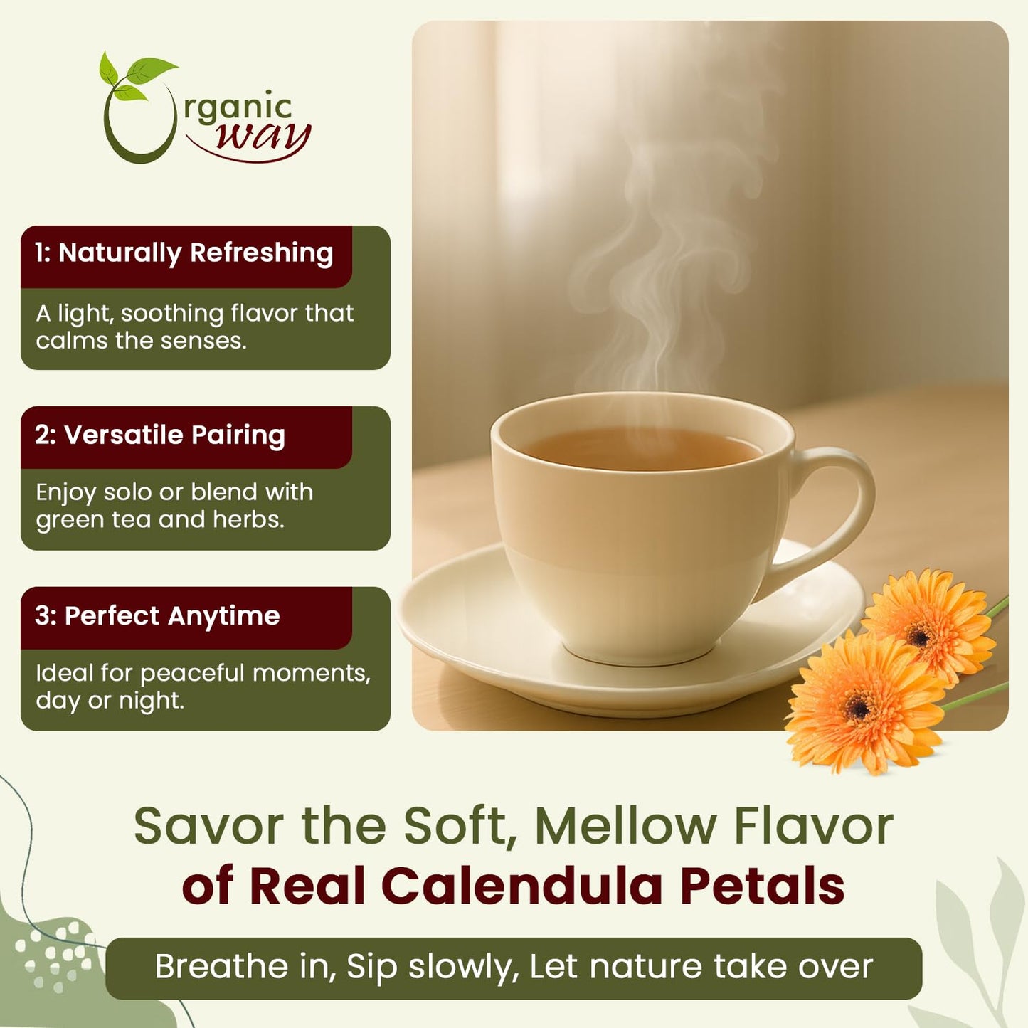 Organic Way Dried Calendula Flower Petals | Herbal Tea (Calendula officinalis) - European Wild-Harvest | Organic & Kosher Certified | Non GMO & Gluten Free | USDA Certified - Origin - Albania (2Oz)