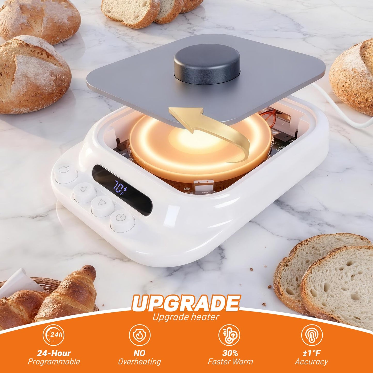 Sourdough Starter Warmer- 70-130°F Adjustable Temp, 1°F Precise Control & 24H Timer - Compatible with Any Shape of Cup Bottom -Ideal Sourdough Proofing Tool for Bakers (White)