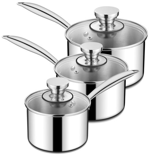 Homikit Stainless Steel Saucepan Set, 1Qt & 2Qt & 3Qt Sauce Pan with Lids 6pcs, Tri-Ply Bottom Induction Compatible Small Cooking Pot kitchen Cookware Set, Dishwasher Safe & Nonstick