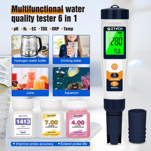 Hydrogen Water Tester pH H2 ORP Meter, Hydroponic pH TDS EC Meter, 6 in 1 pH H2 ORP TDS EC Temp Tester for Drinking Water and Pool, Dissolved Hydrogen Tester for Hydrogen Water Bottle