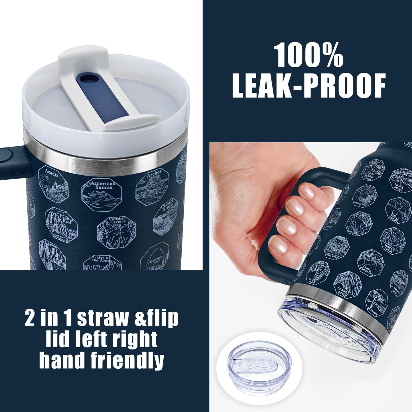 XccMe 63 National Parks Water Bottle with Stickers,40 oz Tumbler with Handle and Straw,2 Lids,40 oz Double Wall Insulated Tumbler,Stainless Steel Leak Proof Tumbler,Travel Coffee Mug (Blue)