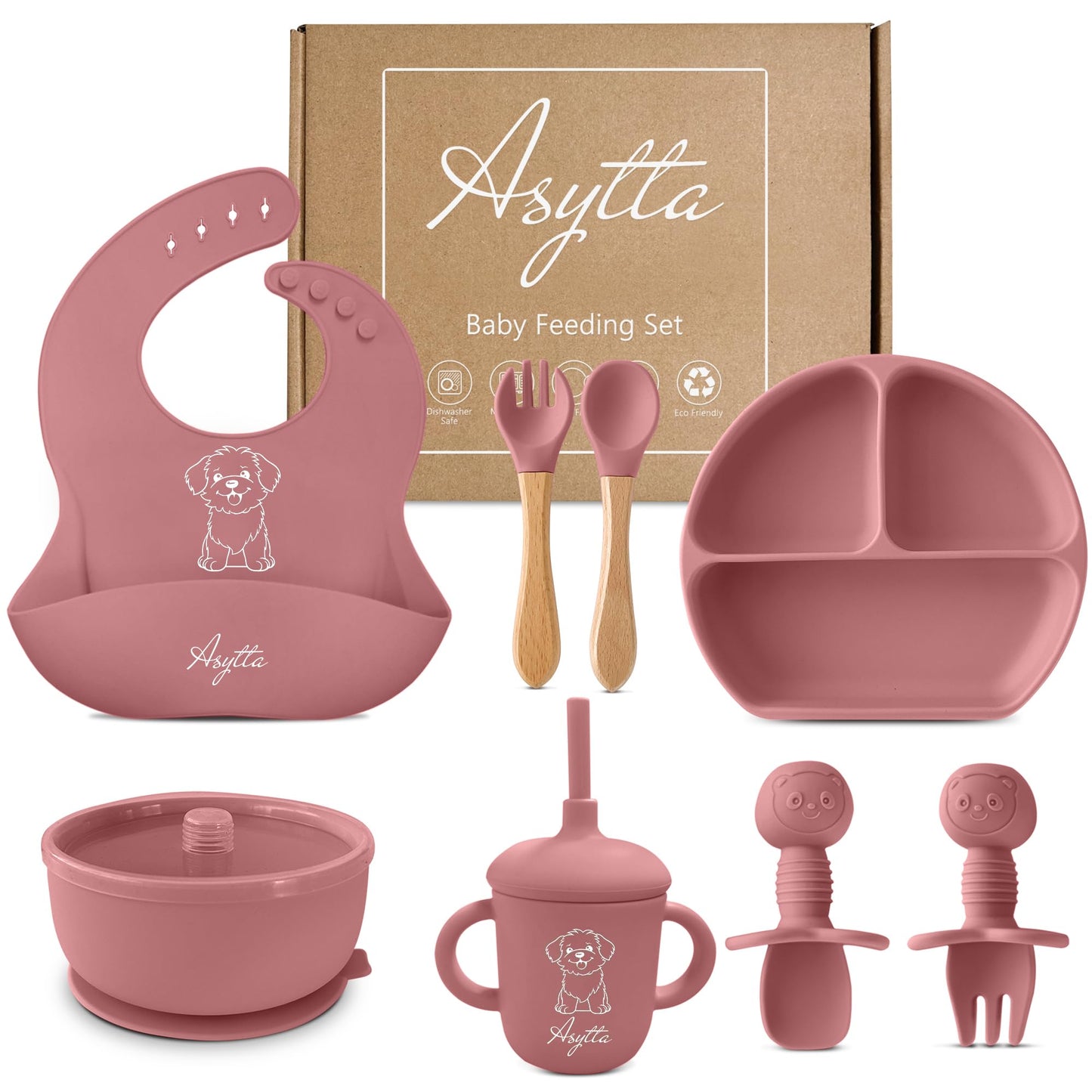 ASYTTA Silicone Baby Feeding Set – 6 Piece BPA-Free Baby Led Weaning Supplies – Toddler Eating Essentials with Baby Bib, Suction Plate, Suction Bowl, Sippy Cup, Forks, & Utensils | 6+ Months (Pink)