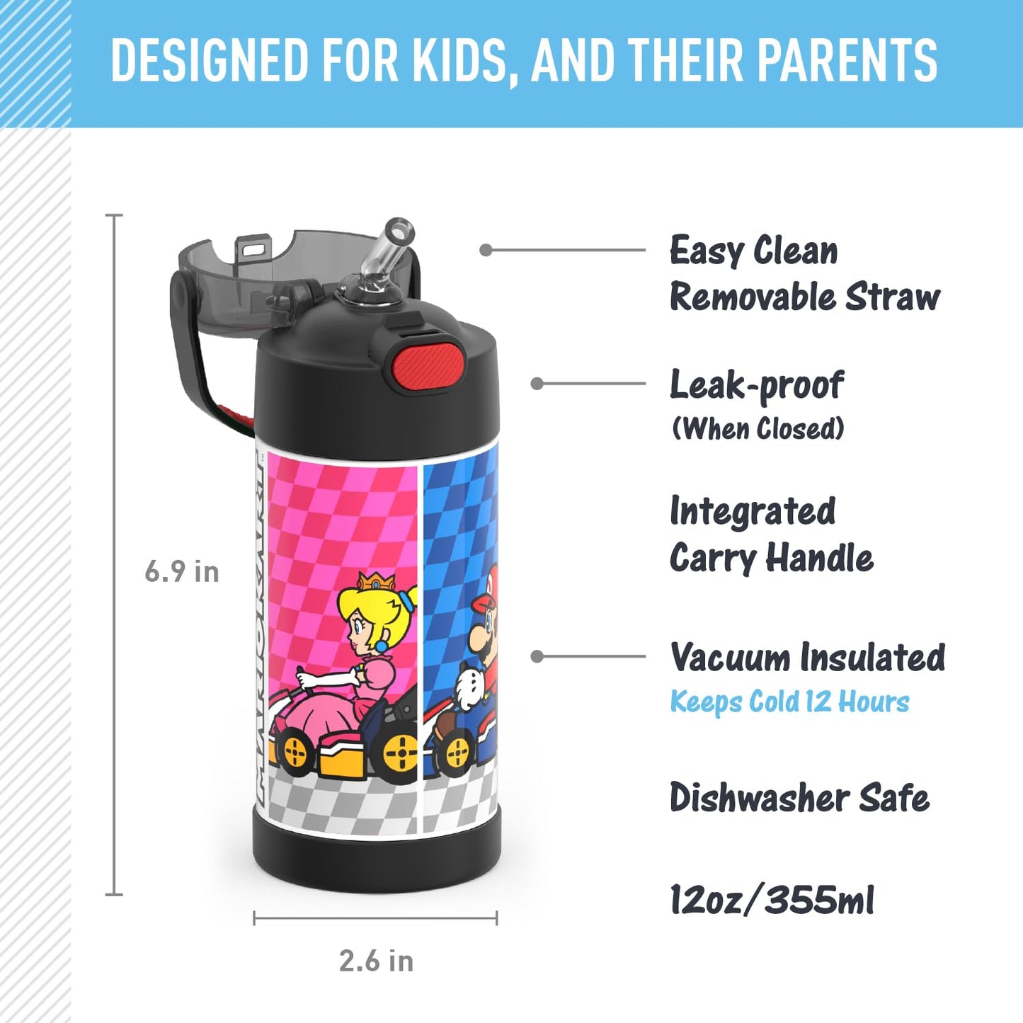 THERMOS FUNTAINER Water Bottle with Straw - 12 Ounce - Kids Stainless Steel Vacuum Insulated Water Bottle with Lid, Super Mario Brothers