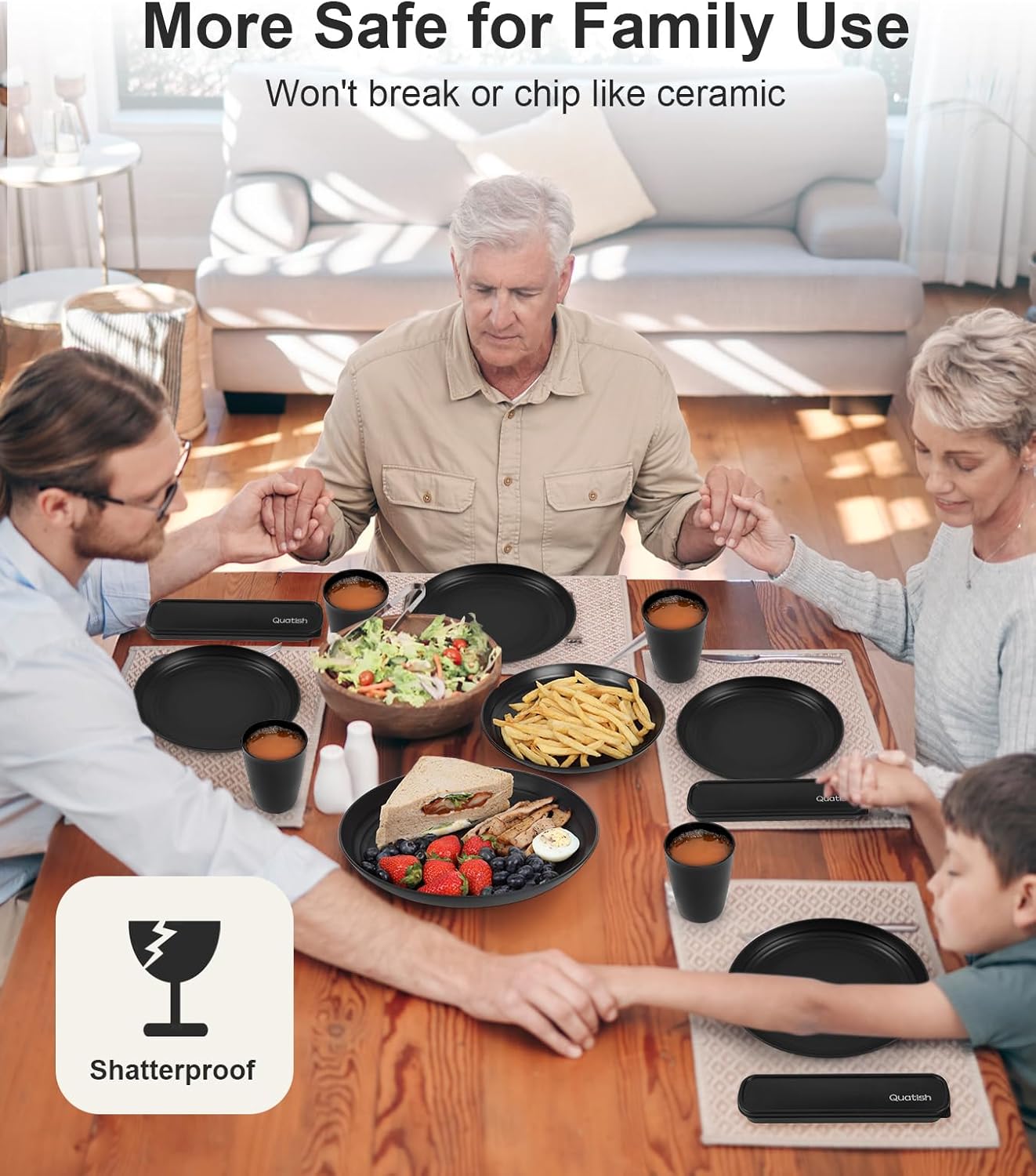 Quatish Unbreakable Dinnerware Set - 16 Piece Plates & Bowls for 4 | Dishwasher & Microwave Safe, Black