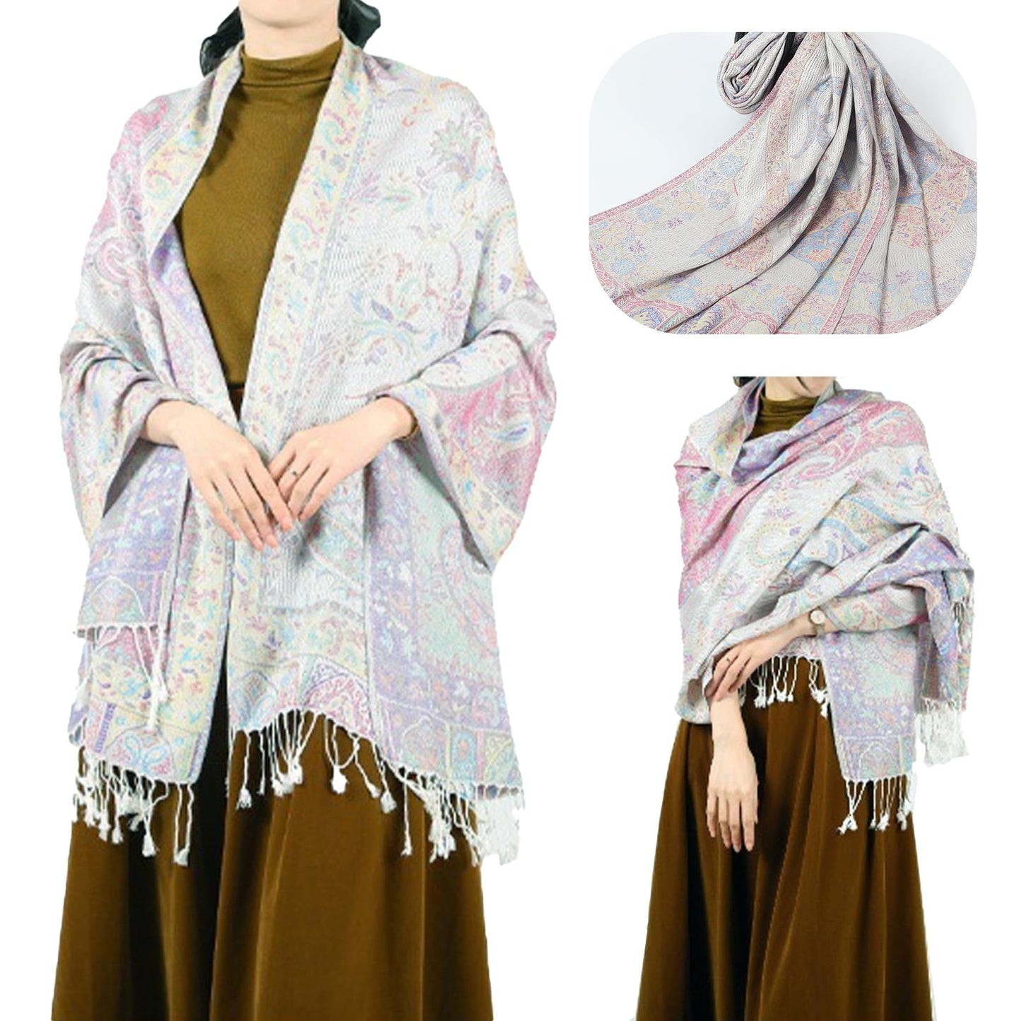 Ciormis Paisley Shawl Wrap, White Fringed Paisley Pashmina Warps for Women Evening Dress(Style4-White)