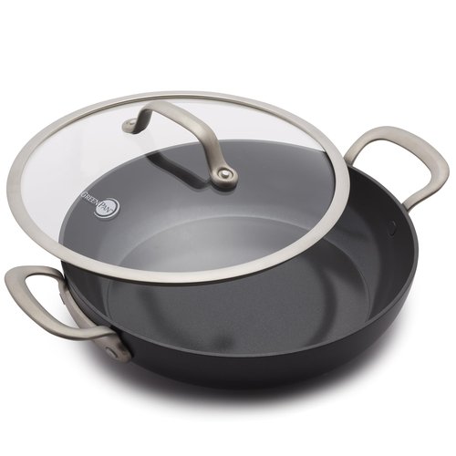 GreenPan Healthy Ceramic Nonstick 12" Everyday Frying Pan with 2 Handles and Lid, PFAS-Free, Multi Clad, Induction, Dishwasher Safe, Oven Safe, Black