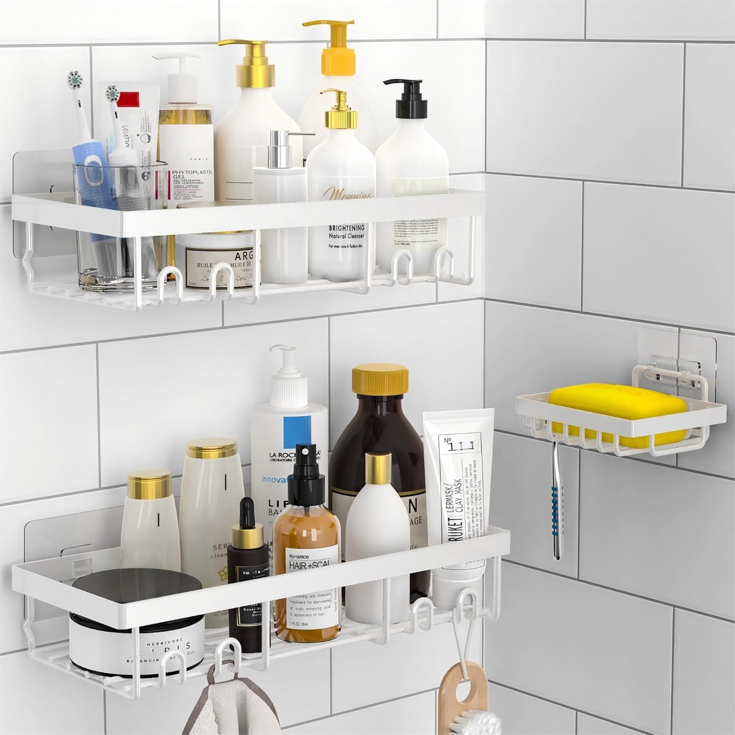 Moforoco Shower Caddy Basket - 3-Pack Rustproof Wall Shelves with Soap Holder | No Drilling, White