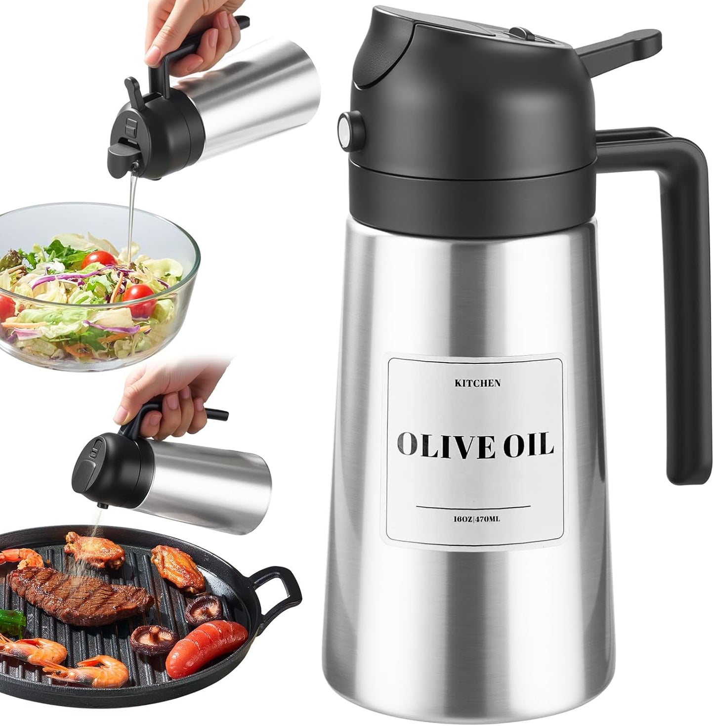 PARACITY Olive Oil Dispenser Bottle - 2-in-1 Sprayer & Dispenser with Stainless Steel Shell | Black