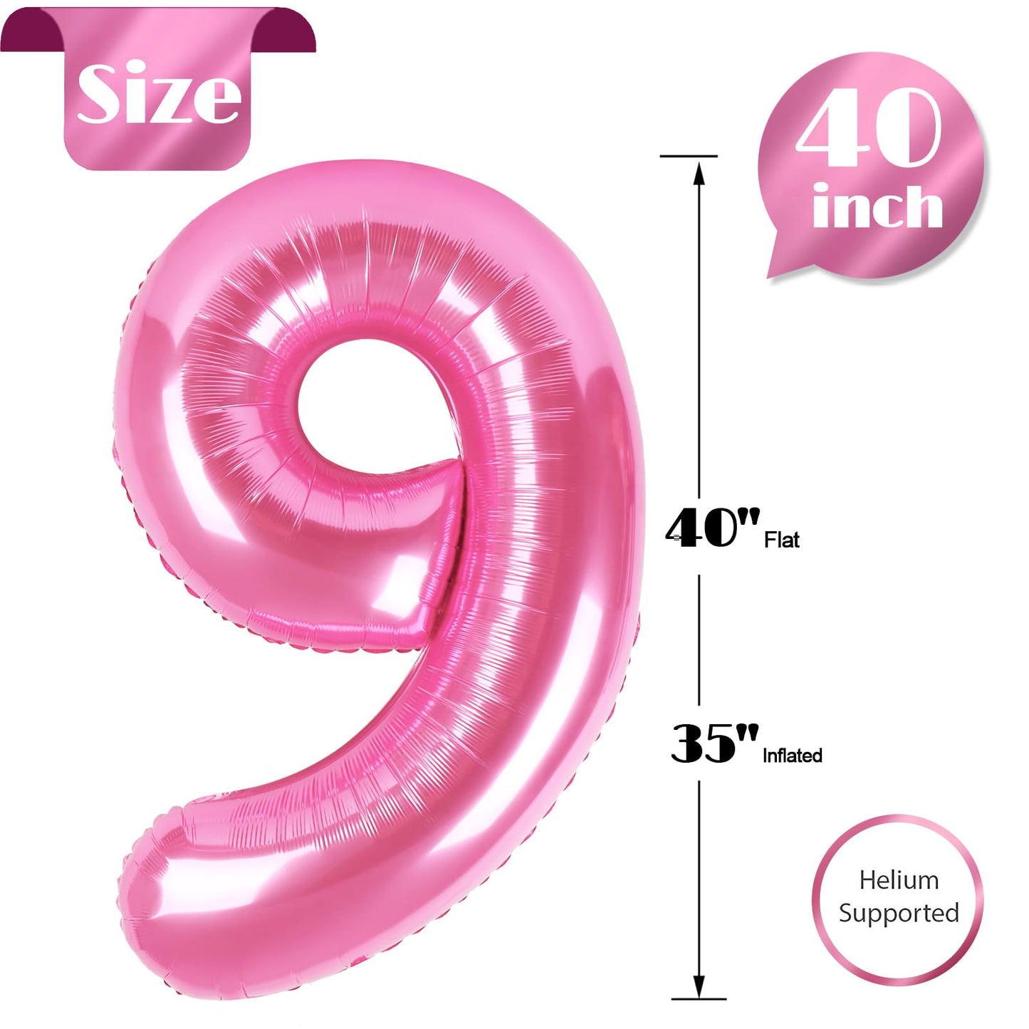 Pink 9 Balloon, Number Balloons 40 Inch, 9th Giant Birthday Decorations for Girls, 19th 29th Party Decorations Supplies, Number 9 Balloon