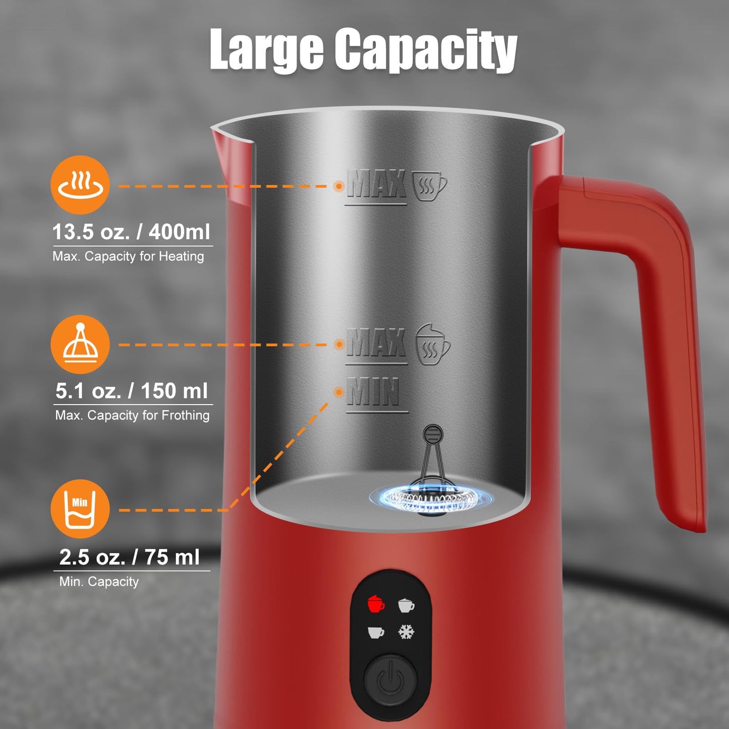 Milk Frother, 4-in-1 Electric Milk Steamer and Frother, 13.5oz/400ml Automatic Large Capacity Warm and Cold Foam Maker, Milk Warmer and Coffee Frother for Latte, Cappuccino, Macchiato(Red)