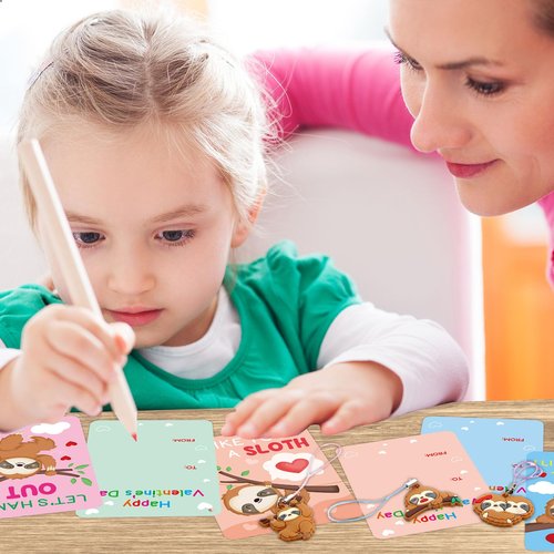 Fancy Land 30 Pack Valentines Cards Classroom Kids Sloth Valentines Day Cards with Keychains Valentine Gift Set Exchange Boys Girls Goody Bag Favors Sloth Animal