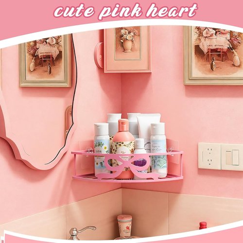Coquette Corner Shower Caddy - No Drilling Pink Bow Shelves with 5 Adhesive Hooks | 2 Pack for Bathroom & Kitchen Decor